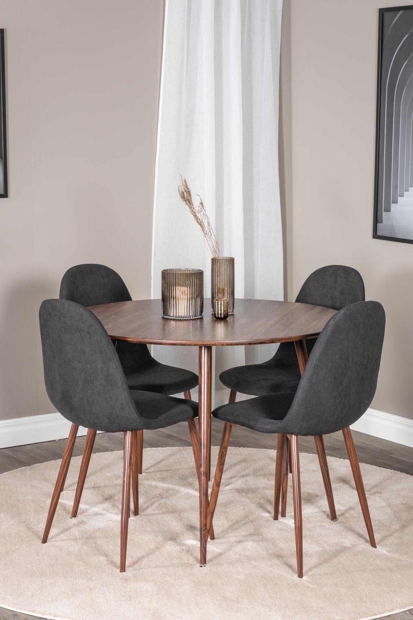 Stilvolles Plaza Esszimmerset mit rundem 100 cm Tisch und 4 luxuriösen Samtstühlen Polar für gemütliche Essrunden und elegantes Ambiente.