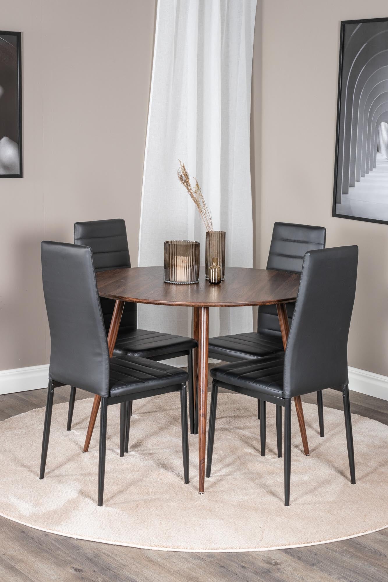 Stilvolles Esszimmerset mit runden Tisch (⌀100cm) und 4 ergonomischen Slim-Stühlen. Perfekt für kleine Essbereiche, langlebig und pflegeleicht.