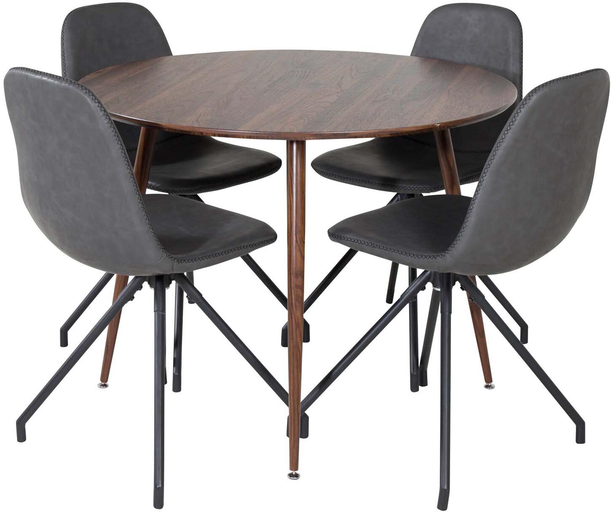 Entdecken Sie das elegante Plaza Esszimmerset von Venture Home: runder 100 cm Tisch und 4 luxuriöse Samtstühle für gesellige Momente.