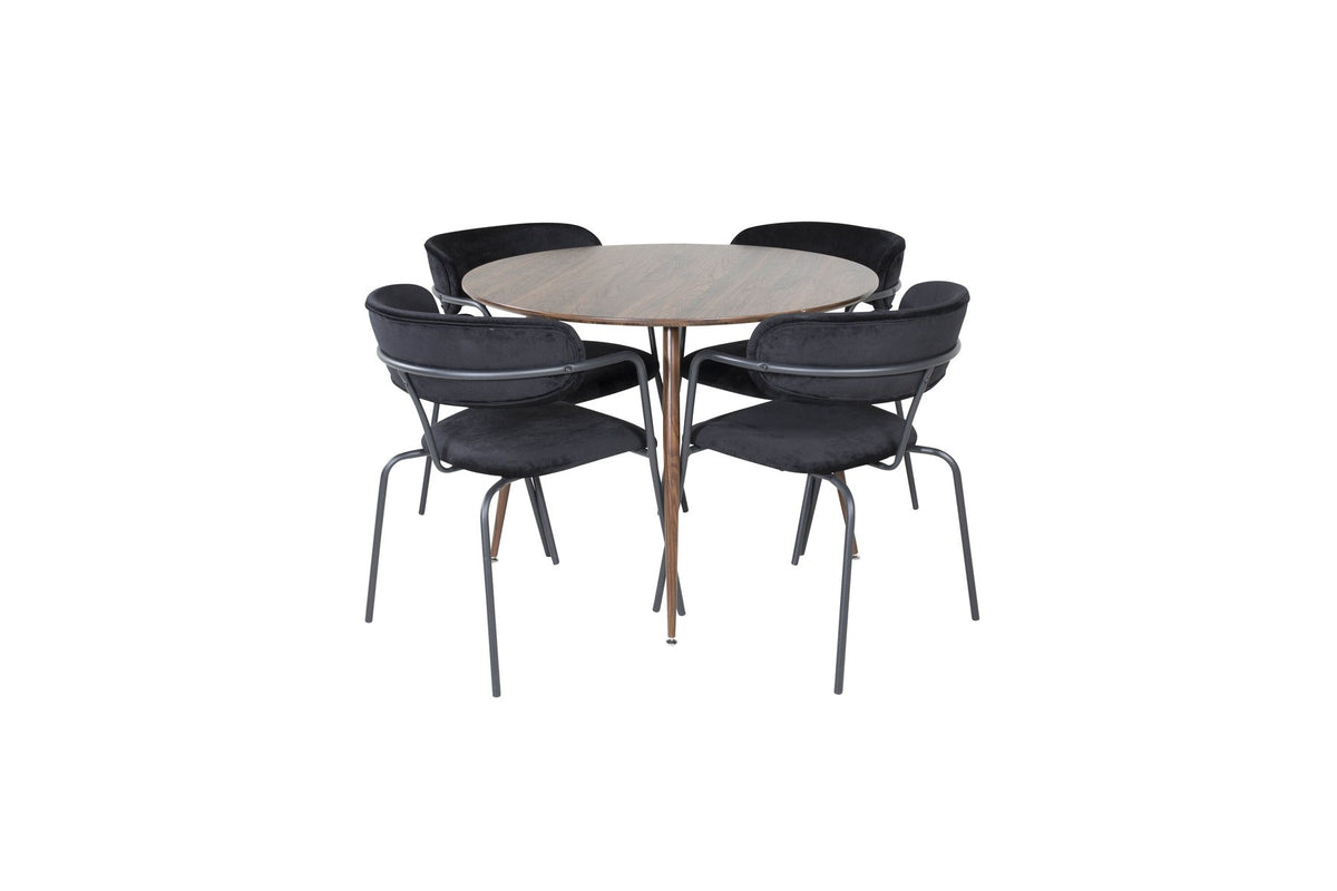 Rundes Esszimmerset zeigt Holztisch mit Nussbaum-Platte ⌀100 cm und zwei schwarze Stühle aus MDF und Stahl mit Samtbezug.