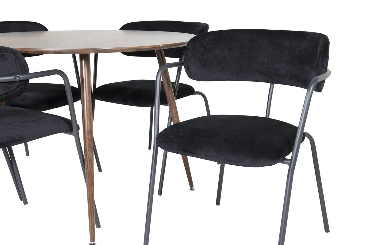 Rundes Esszimmerset zeigt Holztisch mit Nussbaum-Platte ⌀100 cm und zwei schwarze Stühle aus MDF und Stahl mit Samtbezug.