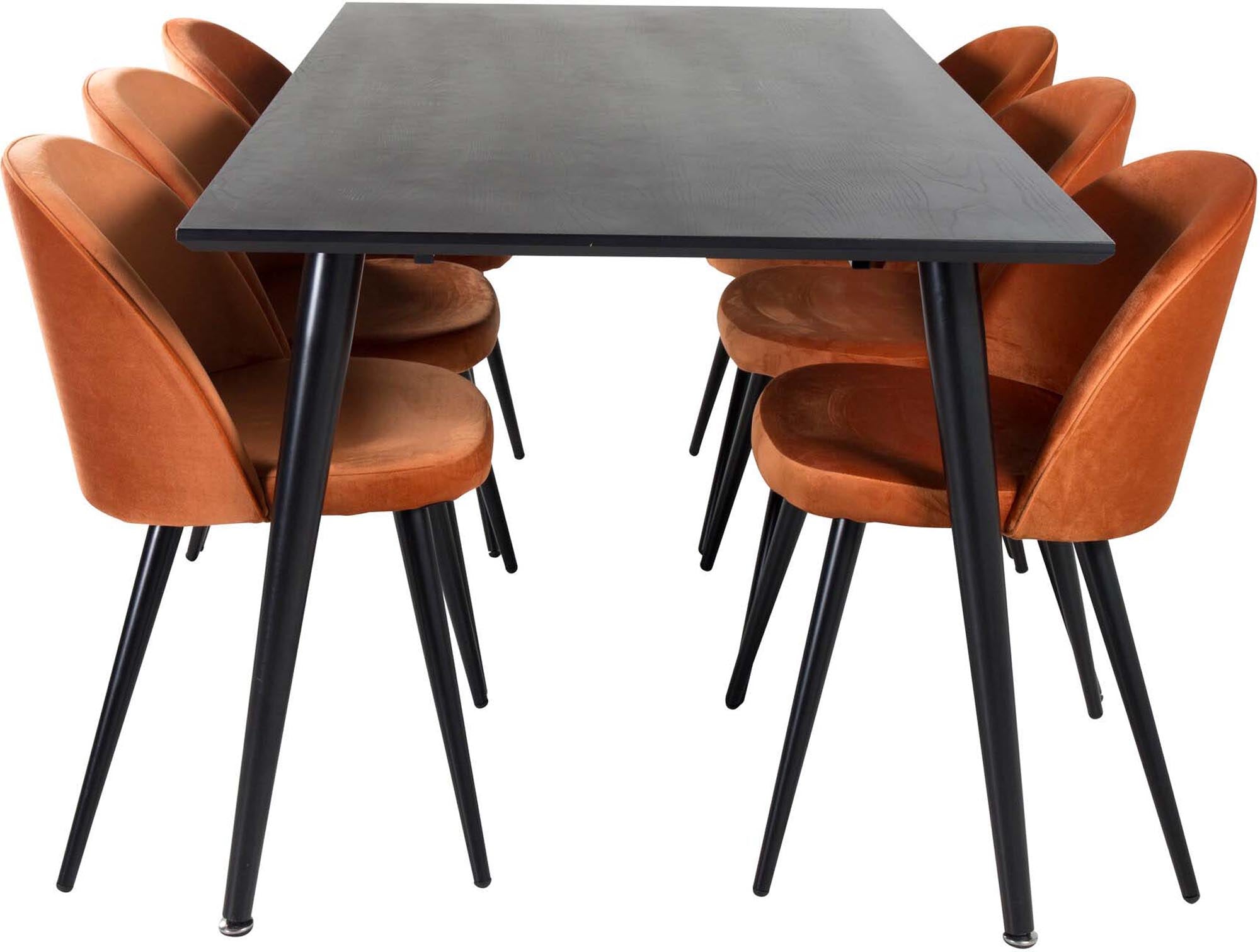 Entdecken Sie das Dipp Esszimmerset von Venture Home: 180 cm Tisch für 6 Personen, kombiniert mit eleganten Samtstühlen für höchsten Komfort.