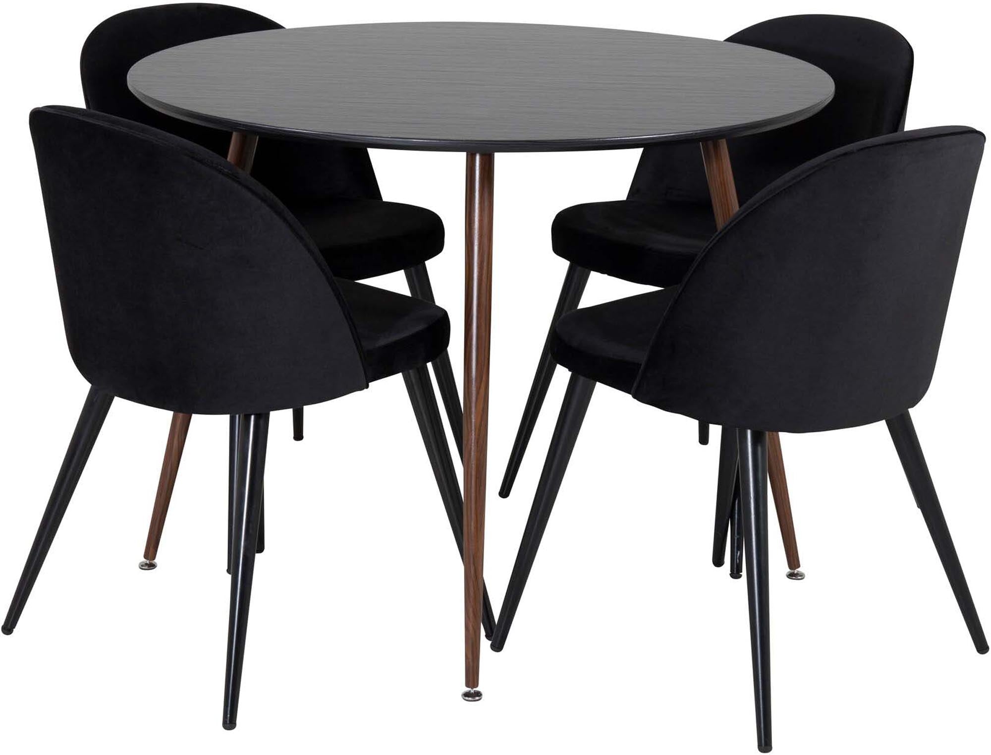 Entdecken Sie das Plaza Esszimerset + Velvet von Venture Home: eleganter runder Esstisch ⌀100cm mit komfortablen Samtstühlen für Ihr Esszimmer.