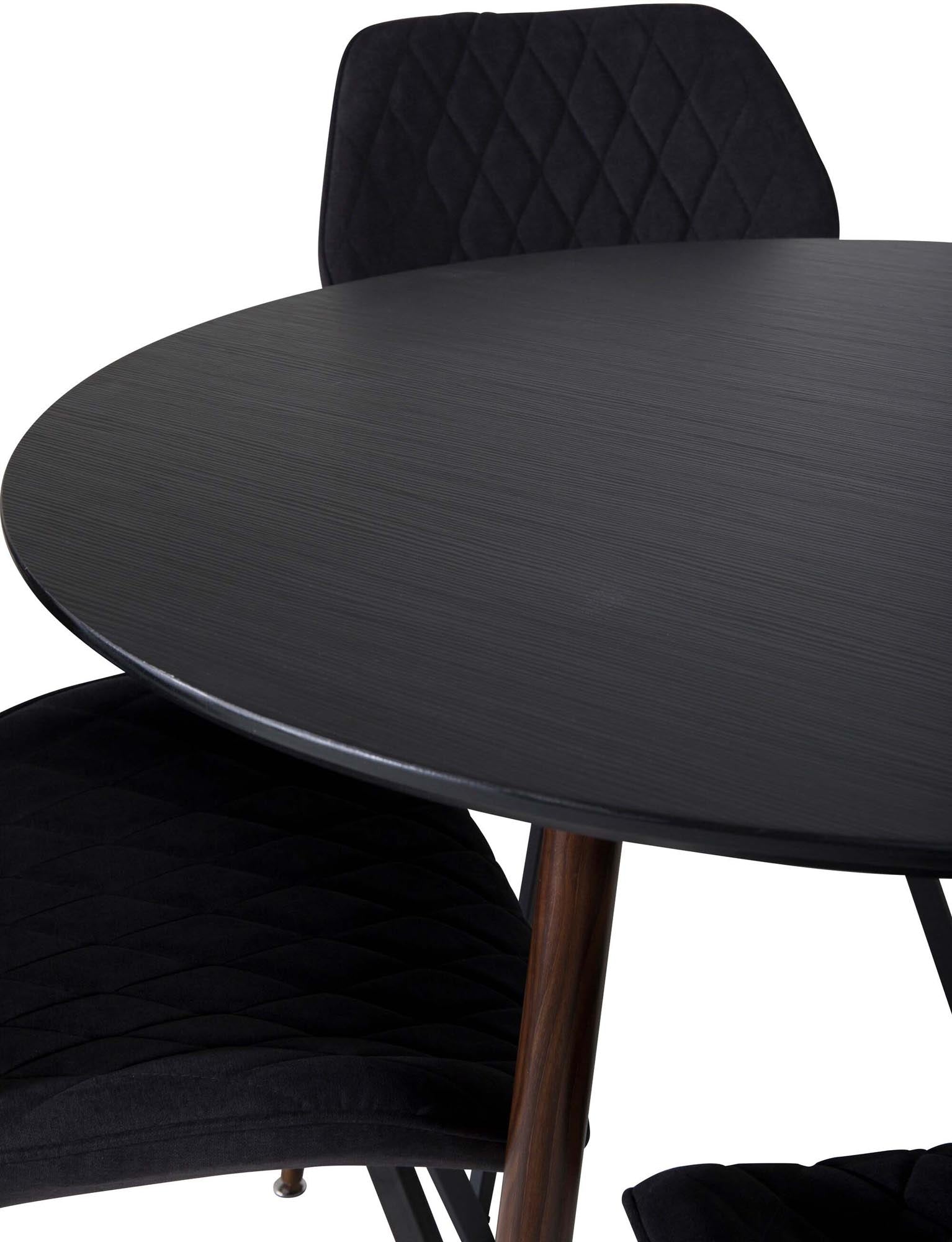 Plaza Esszimmerset + Gemma: Stilvoller runder Esstisch mit ergonomischen Samtstühlen für einladende Esszimmeratmosphäre und höchsten Komfort.