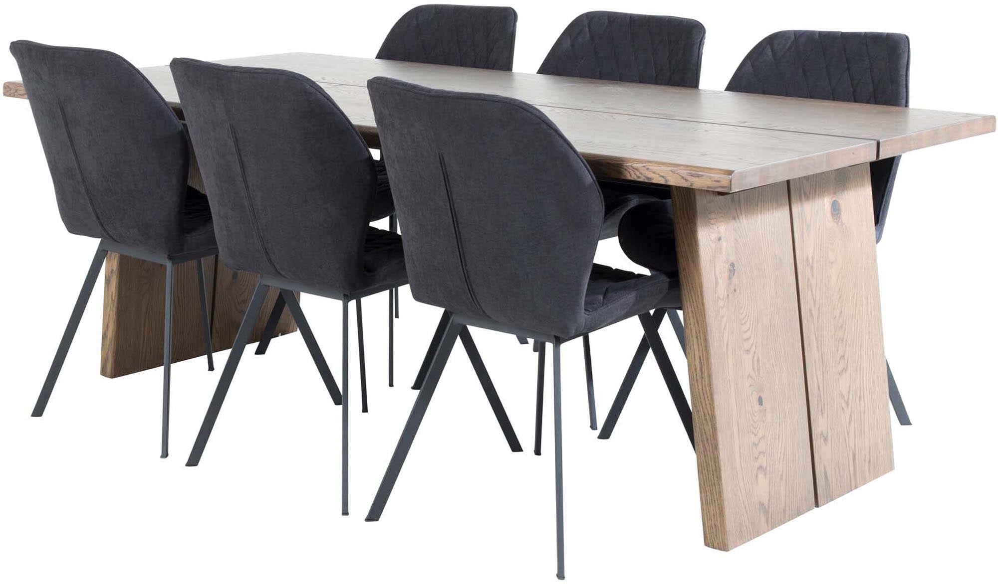 Stilvolles Logger Esszimmerset mit ausziehbarem Tisch (210 cm) und 6 bequemen Stühlen. Ideal für gesellige Runden und festliche Anlässe.