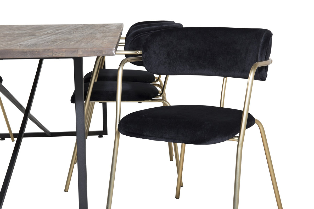 Esszimmerset Padang mit Arrow Stühlen: schwarzer Stahltisch mit Teak-Tischplatte, Stühle mit Messing-Pulverbeschichtung und Polyester-Samt-Bezug.