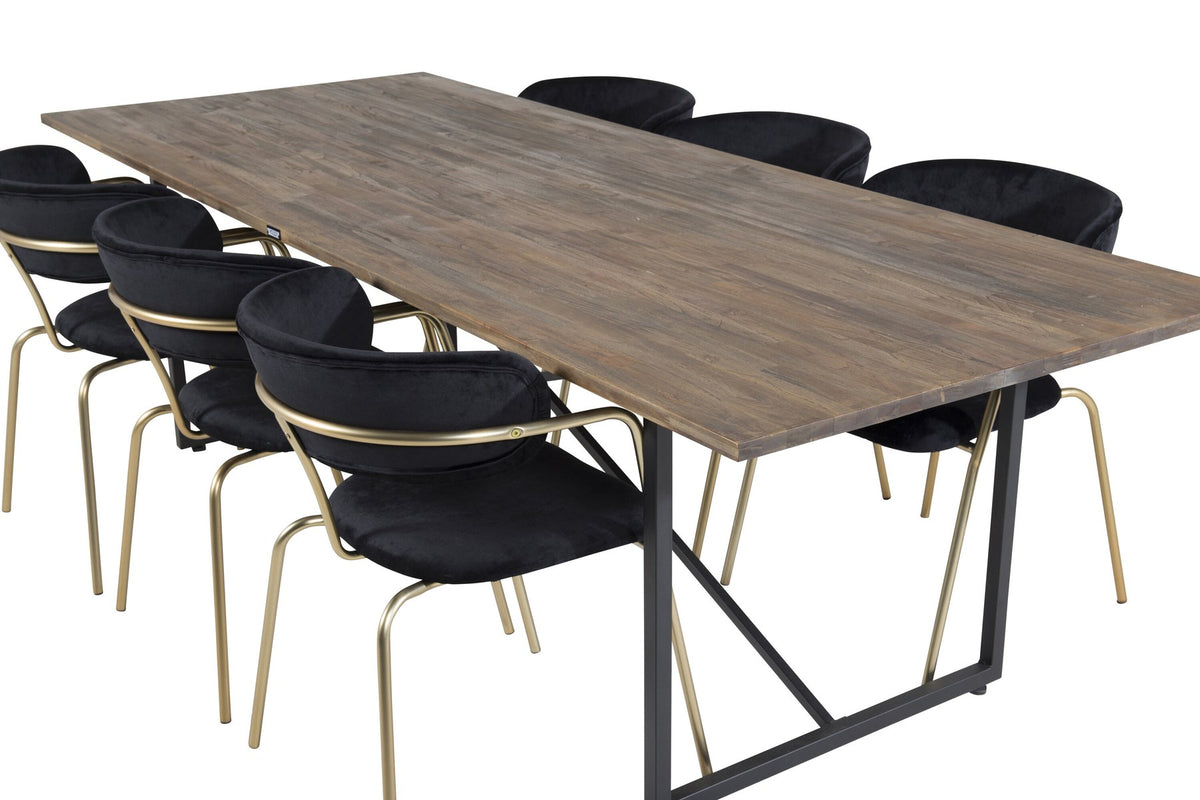 Esszimmerset Padang mit Arrow Stühlen: schwarzer Stahltisch mit Teak-Tischplatte, Stühle mit Messing-Pulverbeschichtung und Polyester-Samt-Bezug.