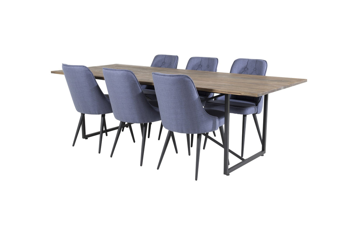 Esszimmerset Padang mit Teak-Esstisch und Velvet Deluxe Stühlen in Blau, Stahlgestell schwarz pulverbeschichtet, Polyesterbezug.