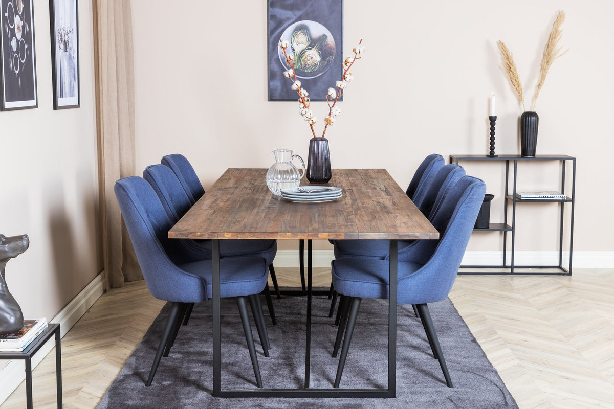 Esszimmerset Padang mit Teak-Esstisch und Velvet Deluxe Stühlen in Blau, Stahlgestell schwarz pulverbeschichtet, Polyesterbezug.