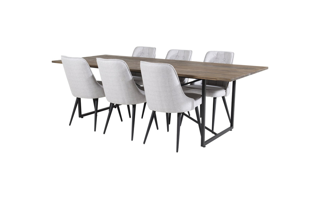 Esszimmerset Padang mit Teak-Esstisch und Velvet Deluxe Stühlen in Blau, Stahlgestell schwarz pulverbeschichtet, Polyesterbezug.