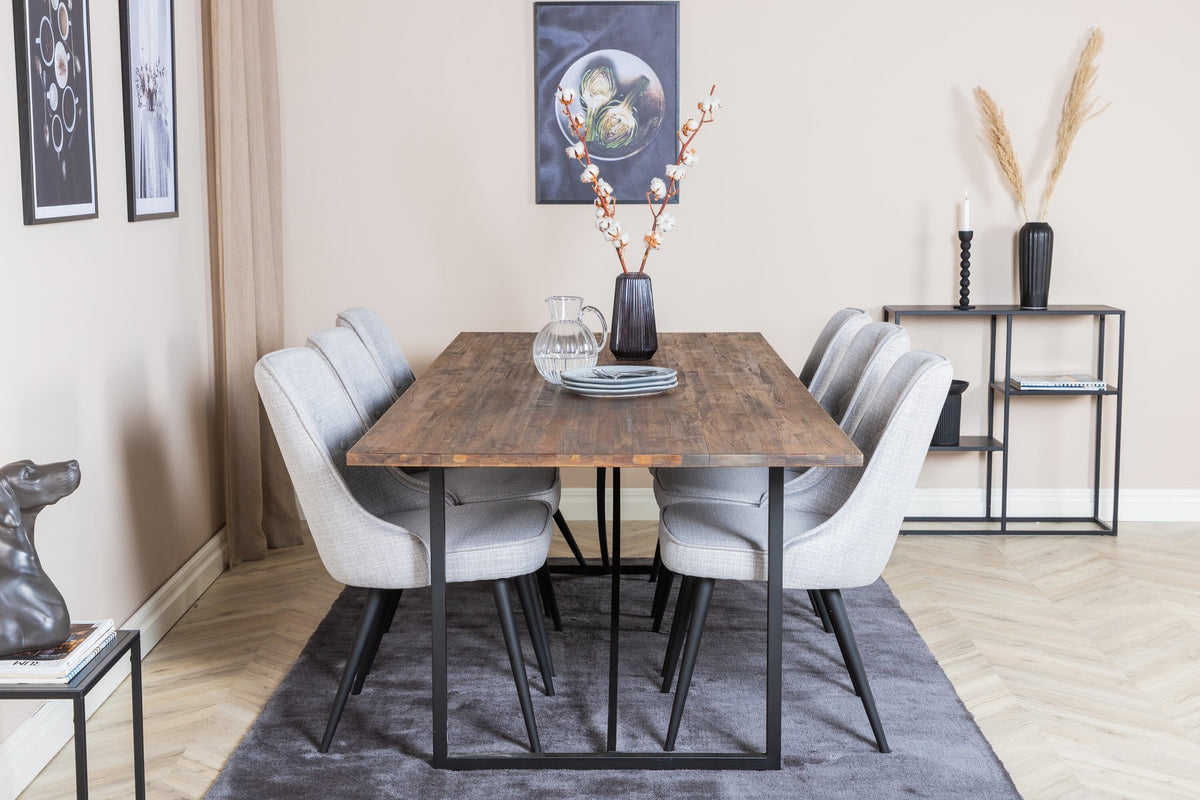 Esszimmerset Padang mit Teak-Esstisch und Velvet Deluxe Stühlen in Blau, Stahlgestell schwarz pulverbeschichtet, Polyesterbezug.