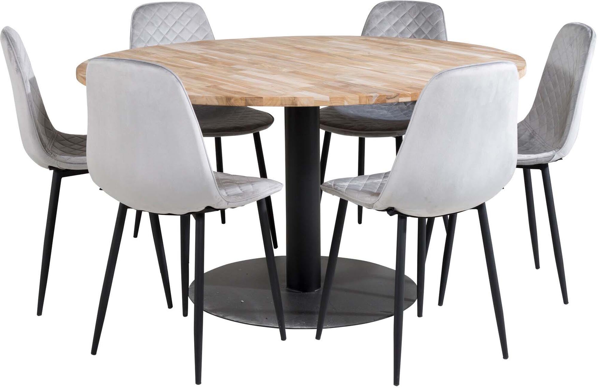 Elegantes Cirebon Esszimmerset: runder Tisch (⌀140cm) & 6 bequeme Samtstühle. Stilvoll, komfortabel, zeitlos.