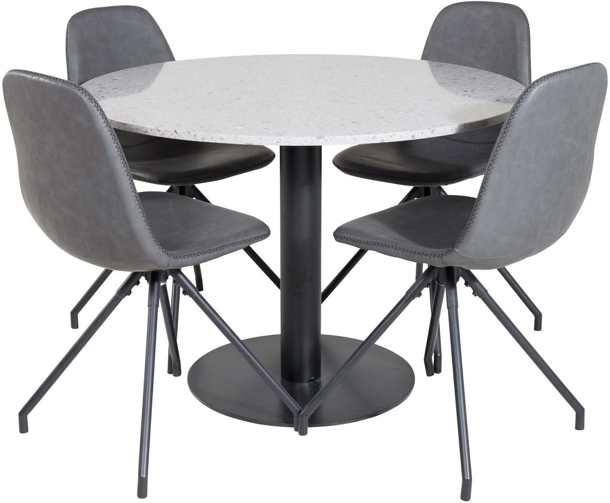 Entdecken Sie das Razzia Esszimmerset + Polar: Eleganter runder Tisch mit pflegeleichter Tischplatte und luxuriösen Samtstühlen für Ihr modernes Zuhause.
