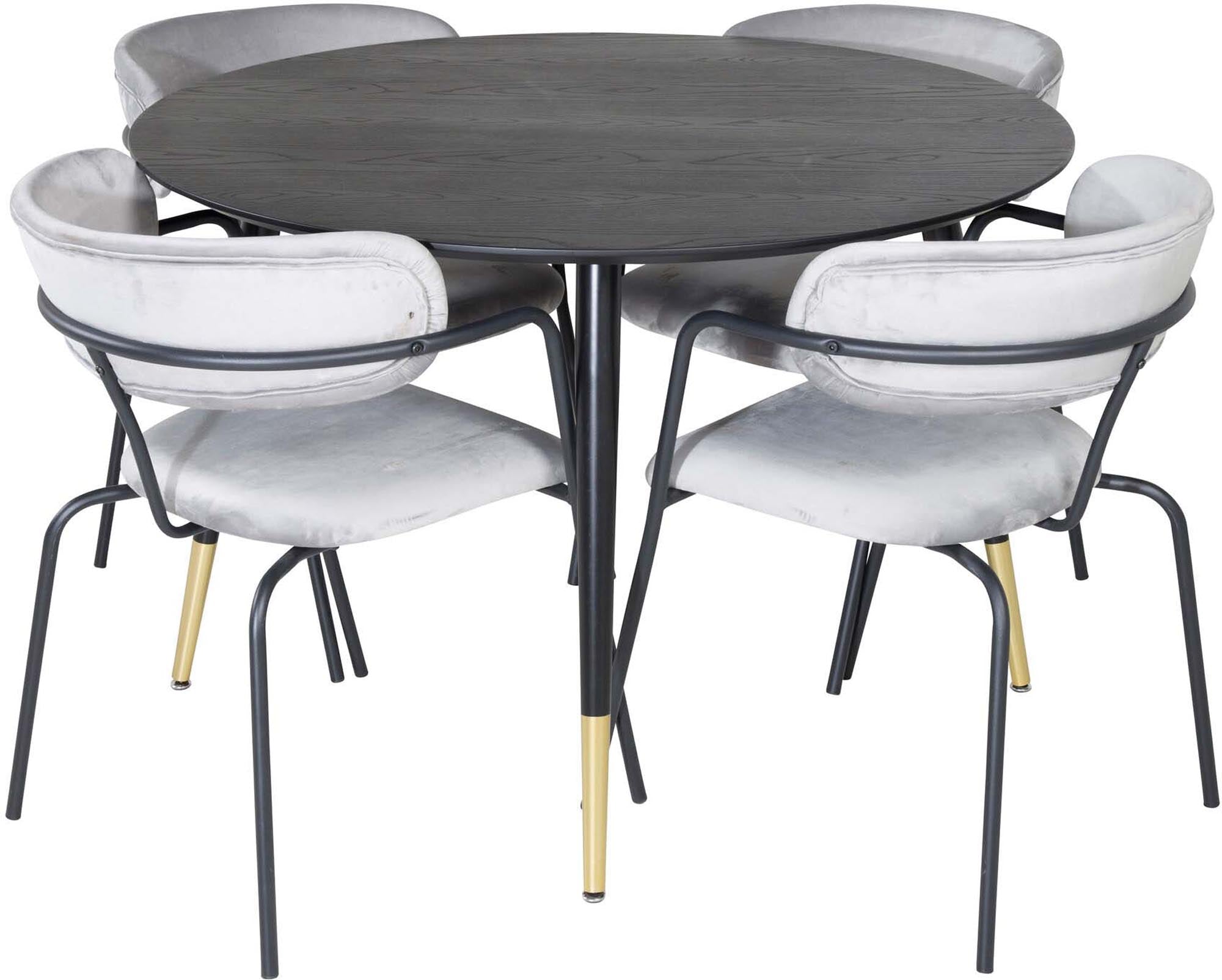 Entdecken Sie das Dipp Esszimmerset + Arrow von Venture Home: moderner Esstisch ⌀115cm mit 4 stilvollen Samt-Stühlen für gemütliche Runden.