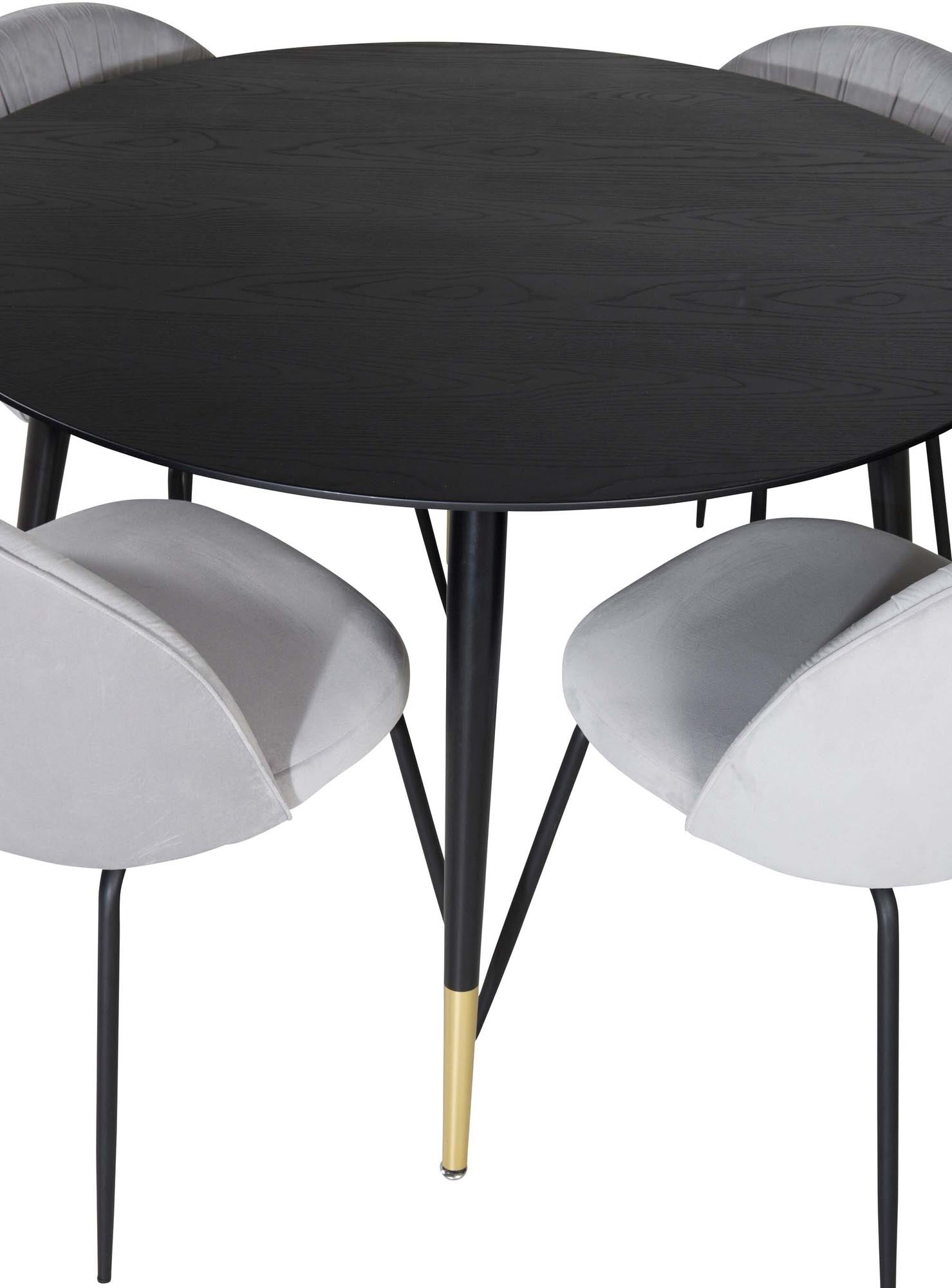 Luxuriöses Esszimmerset mit Golddetails und Samtstühlen, perfekt für stilvolle Anlässe.