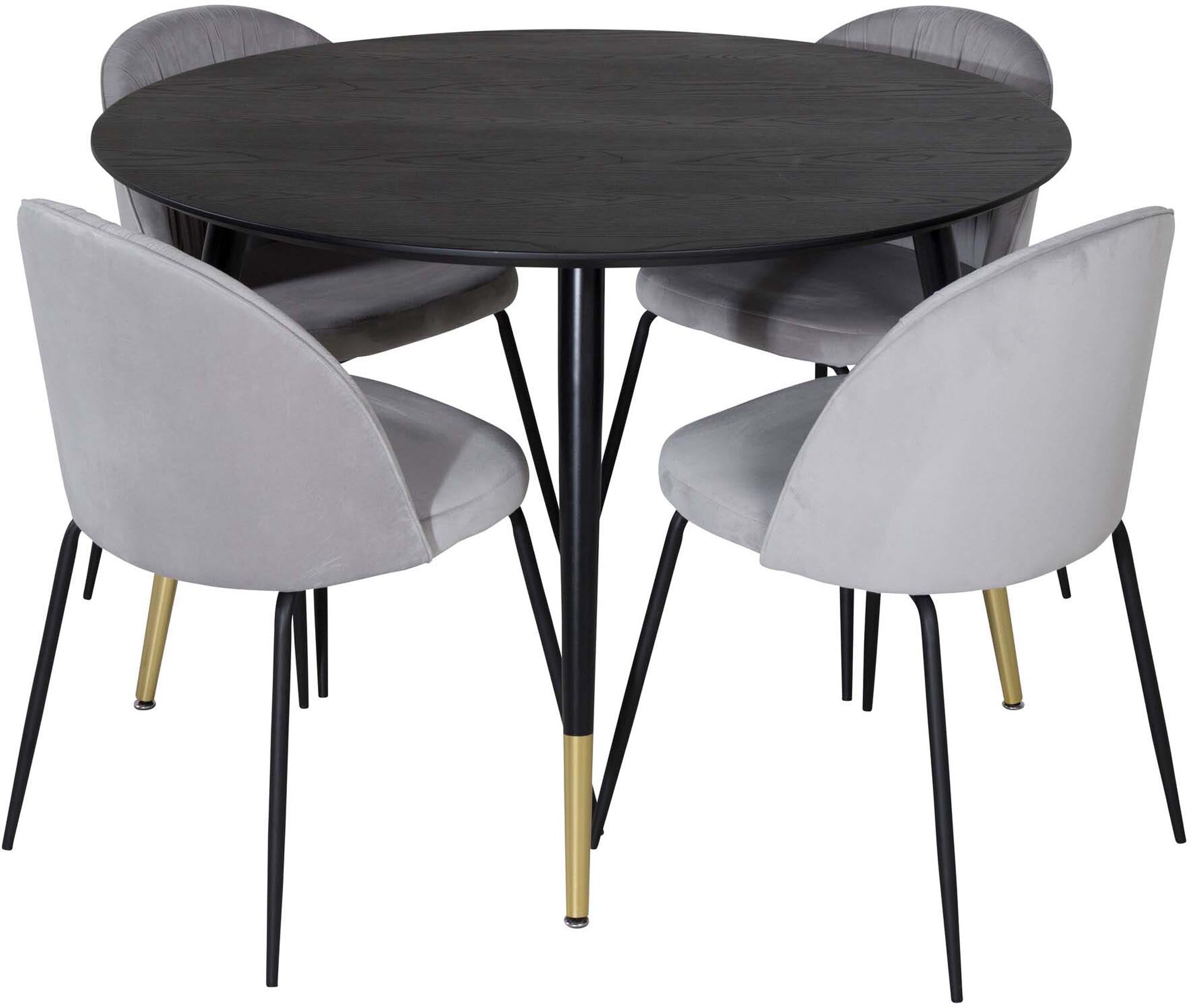 Entdecken Sie das elegante Dipp Esszimmerset + Wrinkles von Venture Home. Luxuriöser runder Tisch mit 115 cm und stilvollen Samtstühlen für gesellige Momente.