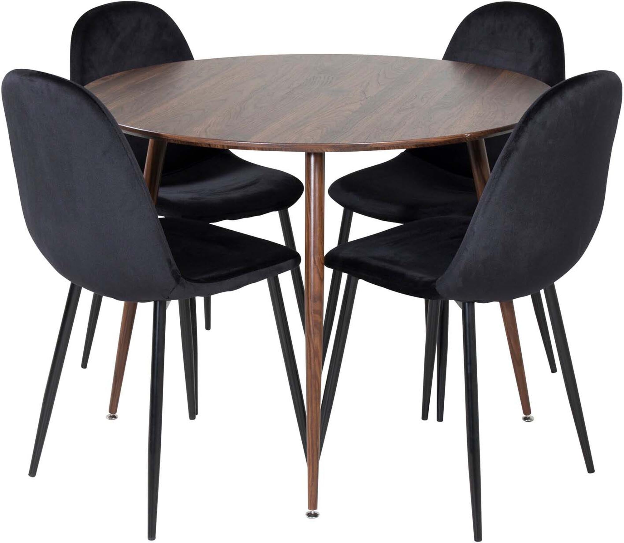 Entdecken Sie das Plaza Esszimmerset von Venture Home: Ein eleganter runder Tisch (100 cm) und 4 luxuriöse Samtstühle Polar für gesellige Momente.