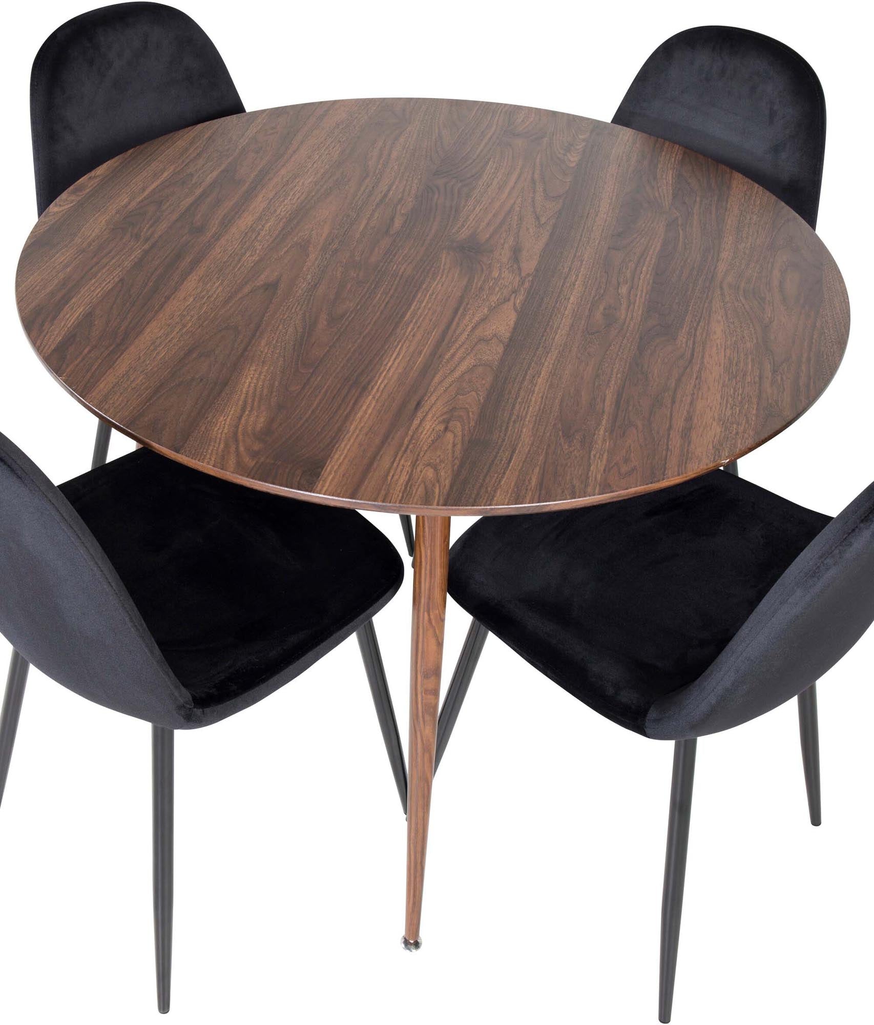 Genießen Sie stilvolle Essensrunden mit dem Plaza Esszimmerset von Venture Home: runder Tisch (100 cm) und 4 bequeme Samtstühle für Ihr Zuhause.