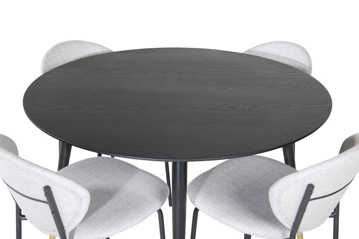 Schwarzes Esszimmerset Dipp mit Vault Stühlen: Tisch mit MDF-Furnierplatte und Stahlbeinen, Stühle mit Polsterbezug und Stahlgestell.