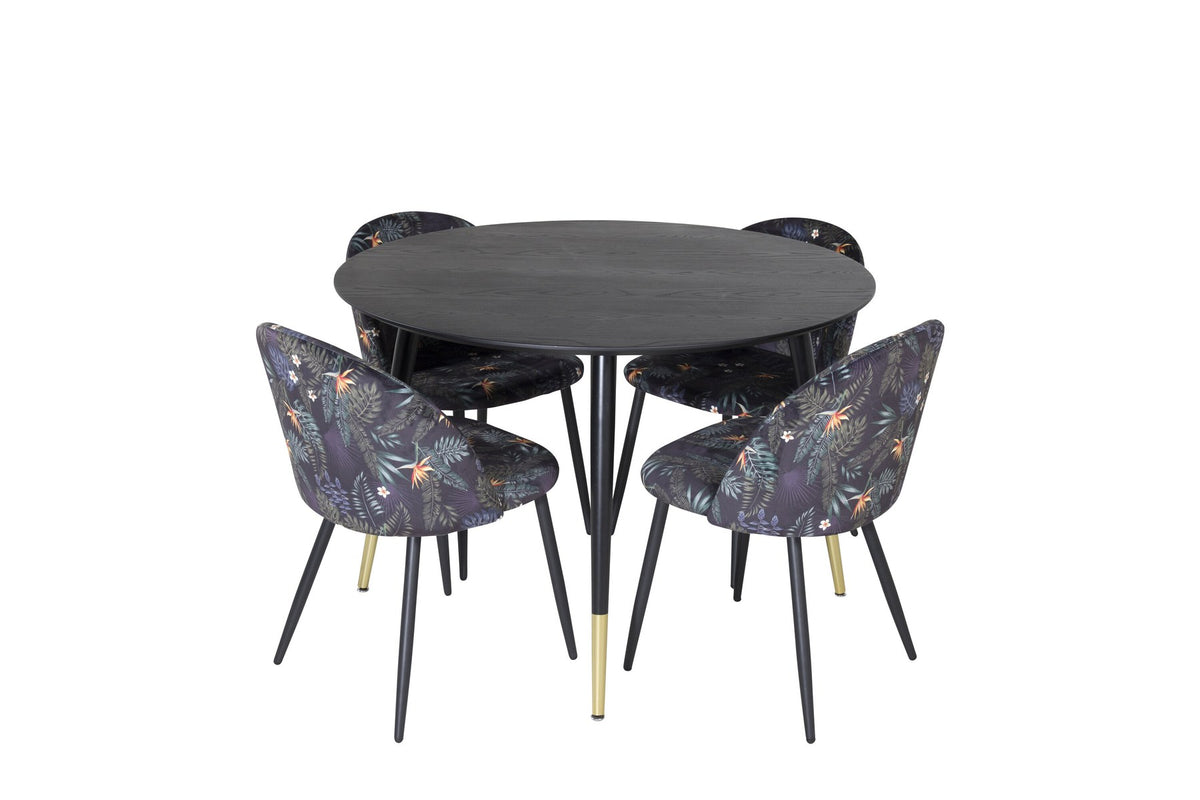 Rundes Dipp Esszimmerset: Esstisch ⌀115 cm mit schwarzem Furnier und schwarzen Beinen, dazu vier Velvet-Stühle mit schwarz-grauem Mikrofaserbezug.