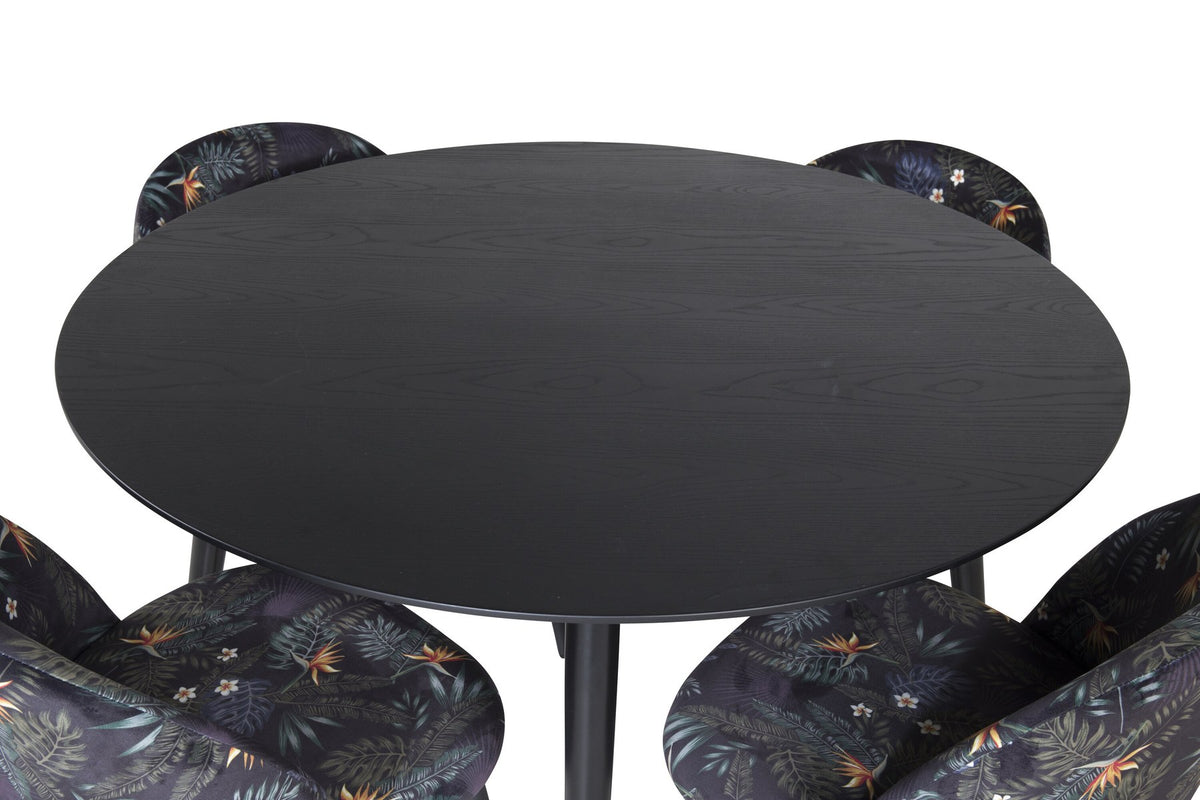 Rundes Dipp Esszimmerset: Esstisch ⌀115 cm mit schwarzem Furnier und schwarzen Beinen, dazu vier Velvet-Stühle mit schwarz-grauem Mikrofaserbezug.