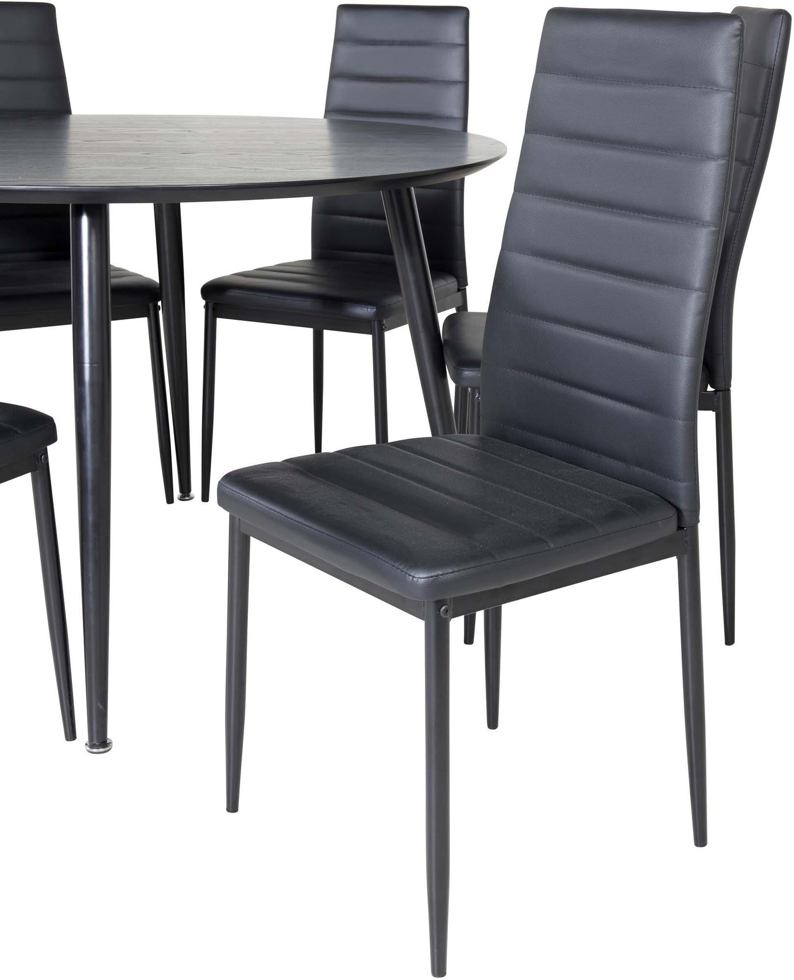 Entdecken Sie das Dipp Esszimmerset von Venture Home: Runder Tisch für 6 Personen, ergonomische Slim-Stühle, modernes Design für gemütliche Abende.