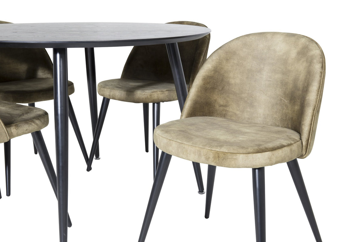 Rundes Dipp Esszimmerset: Esstisch ⌀115 cm mit schwarzem Furnier und schwarzen Beinen, dazu vier Velvet-Stühle mit schwarz-grauem Mikrofaserbezug.