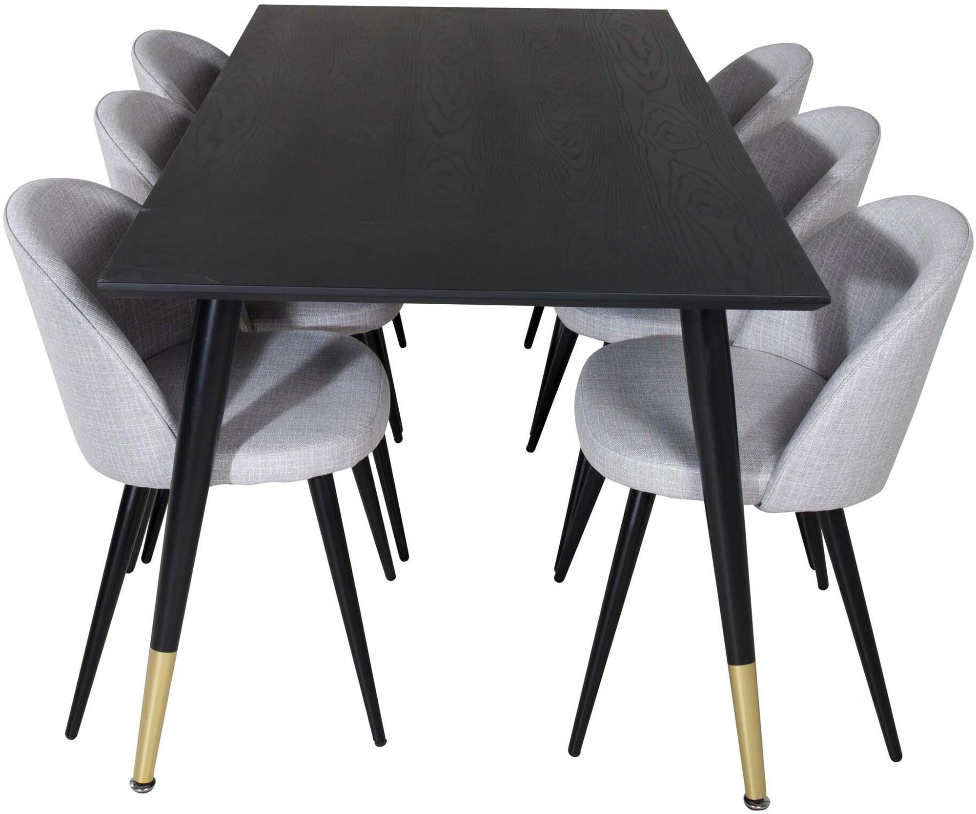 Entdecken Sie das Dipp Esszimmerset von Venture Home: 180 cm Esstisch und elegante Samtstühle für stilvolle Esszimmermomente.