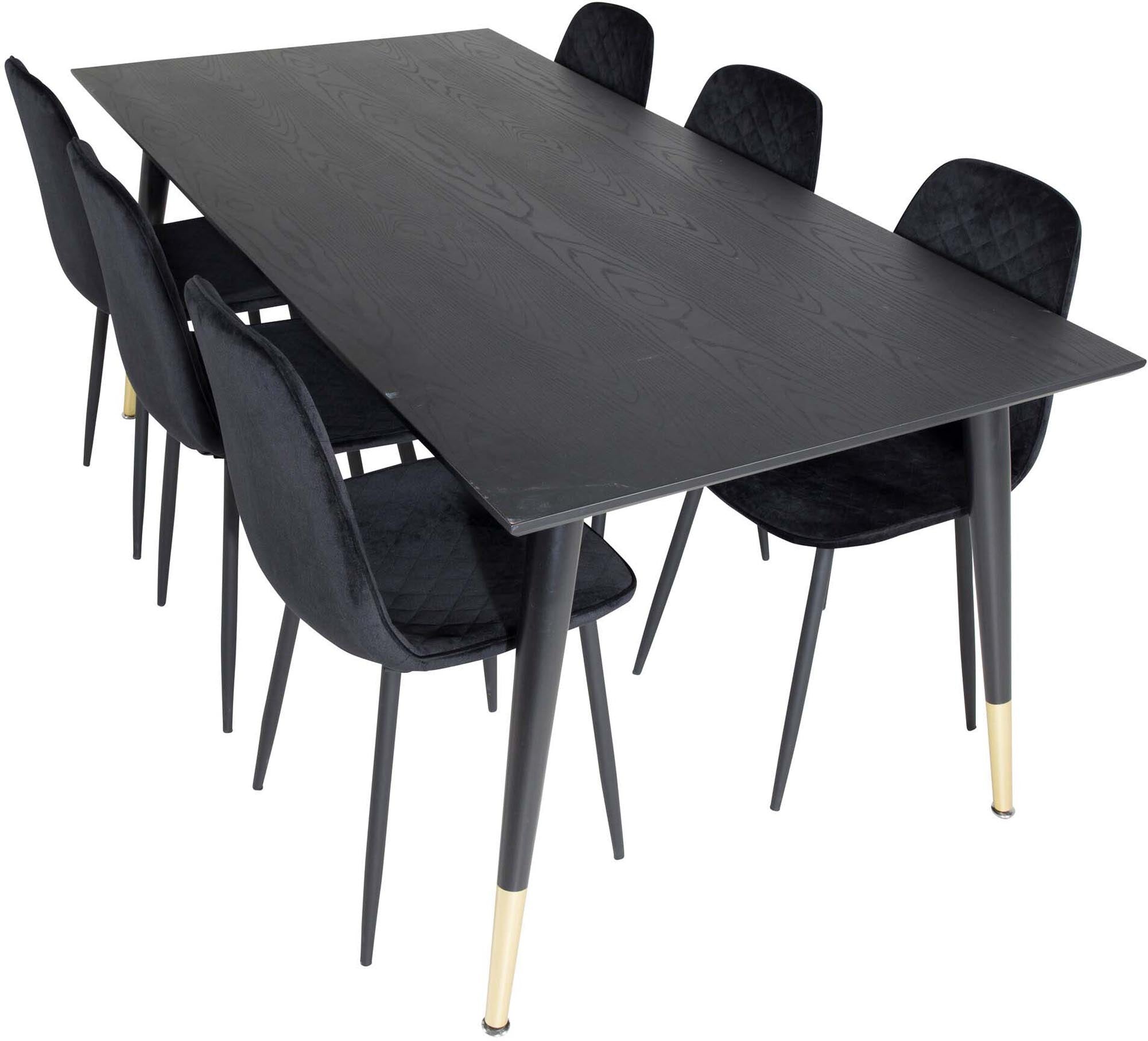 Entdecken Sie das stilvolle Dipp Esszimmerset von Venture Home: 180 cm Tisch und 6 elegante Samtstühle für Komfort und gesellige Runden.