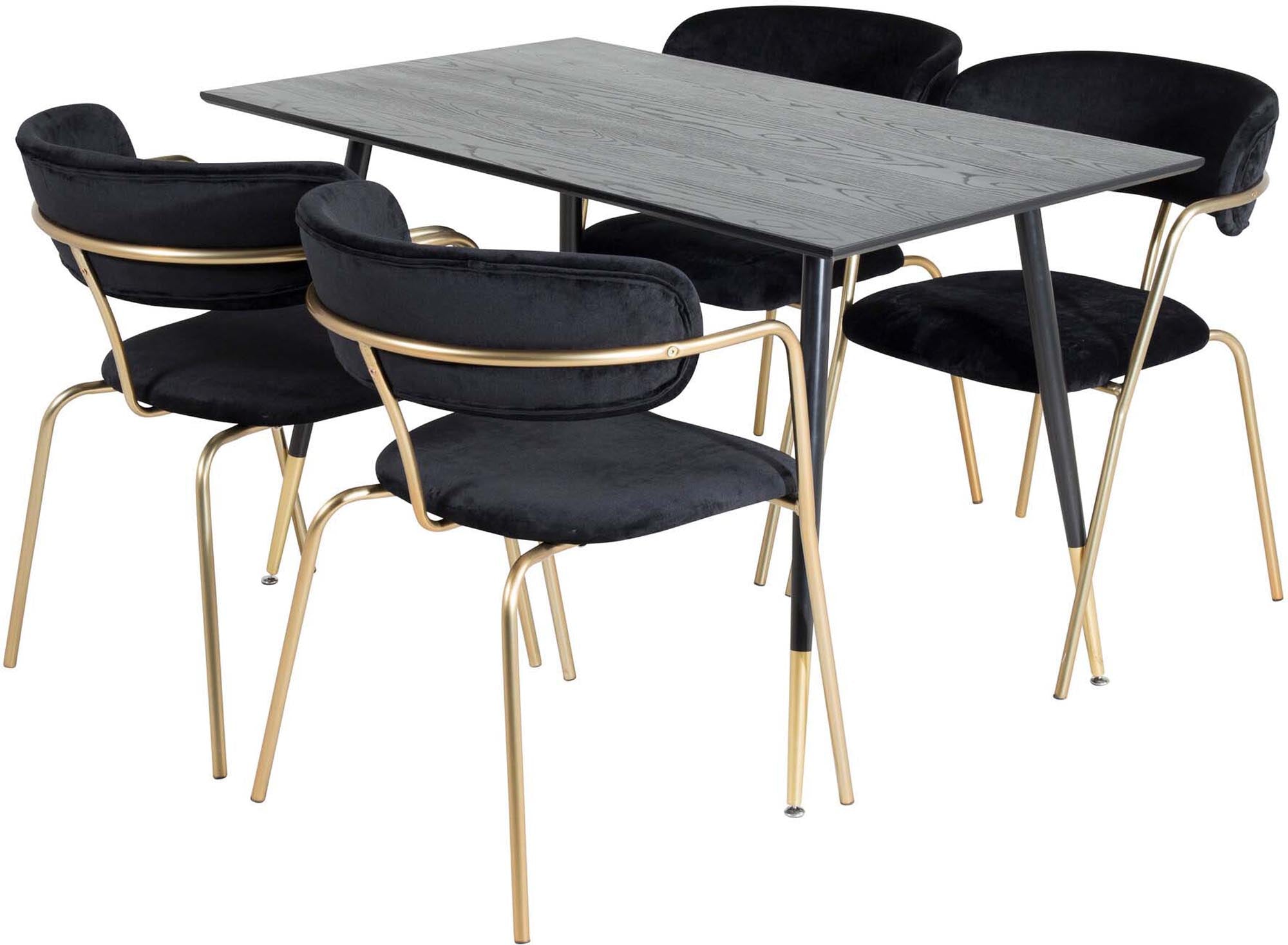 Elegantes Dipp Esszimmerset mit 120 cm Arrow Tisch und 4 stilvollen Samtstühlen von Venture Home – ideal für gesellige Abende und Familienessen.