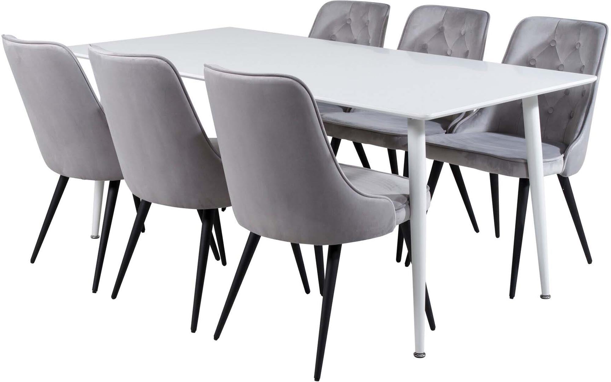 Stilvolles Polar Esszimmerset 180 cm für 6 Personen, kombiniert mit luxuriösen Velvet-Stühlen von Venture Home für höchsten Komfort.