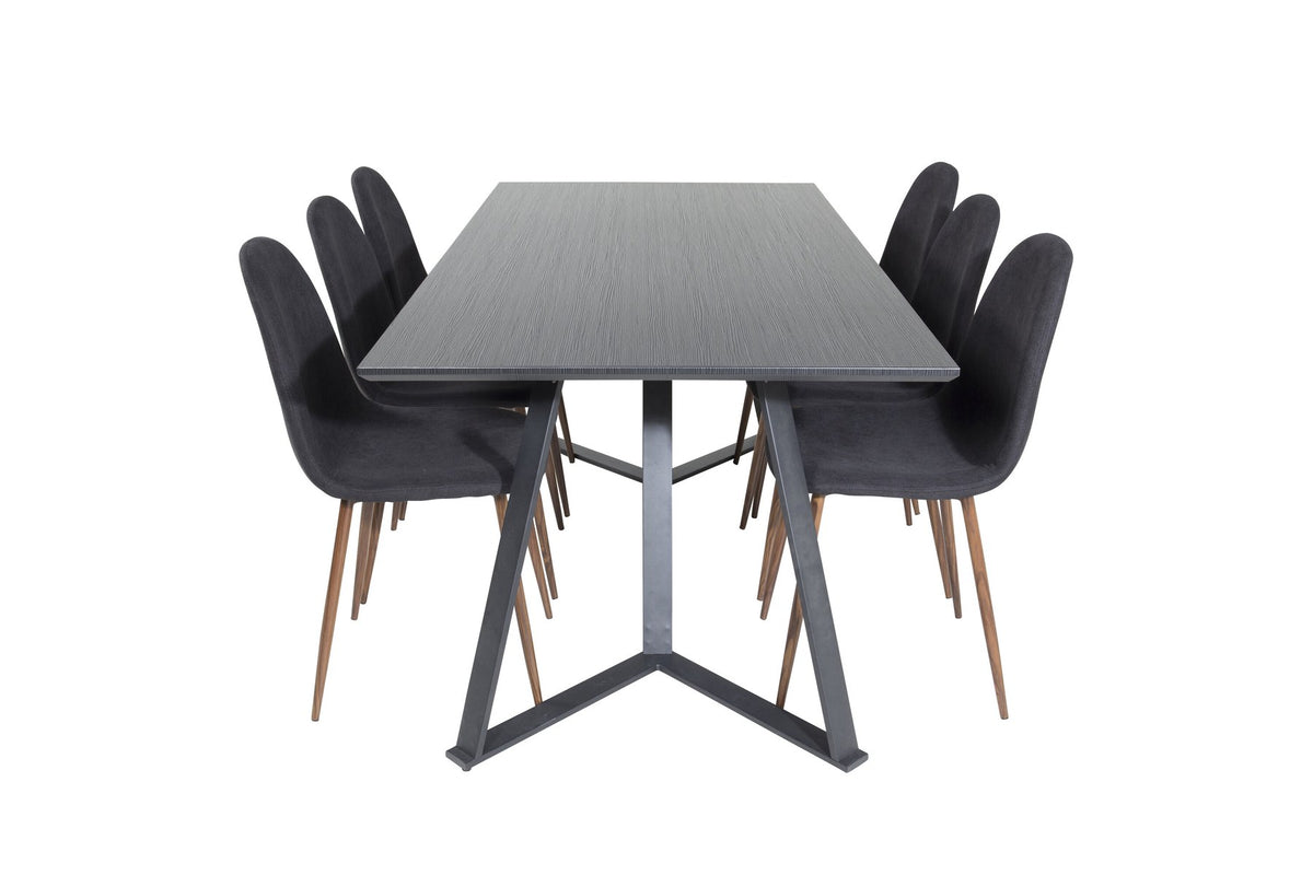Schwarzes Esszimmerset Marina Polar: MDF-Tischplatte mit Stahlgestell und sechs Stühle mit Stahlgestell und beschichteter Sitzfläche.