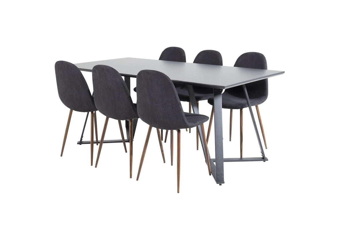 Schwarzes Esszimmerset Marina Polar: MDF-Tischplatte mit Stahlgestell und sechs Stühle mit Stahlgestell und beschichteter Sitzfläche.