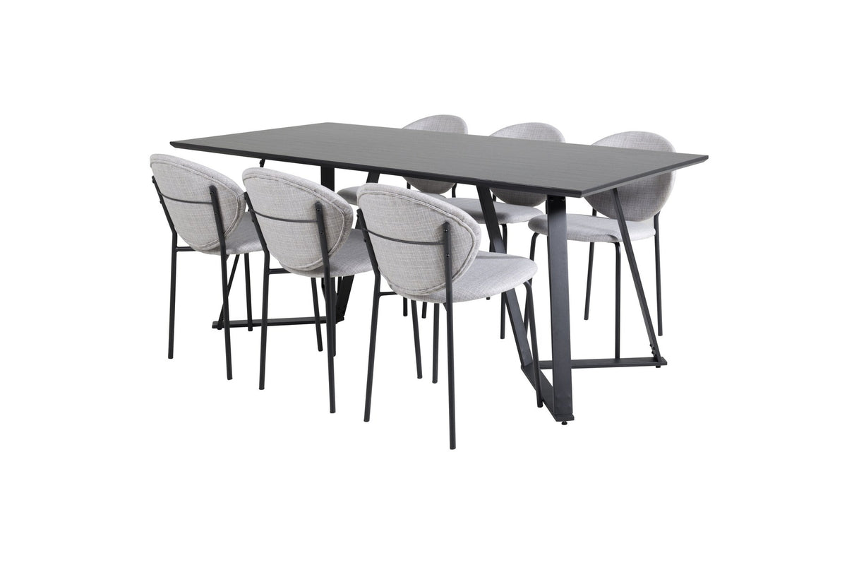 Esszimmerset Marina mit rechteckigem Tisch aus MDF und Papierlaminat sowie Stühlen mit Stahlgestell und Polyesterbezug in Grau.