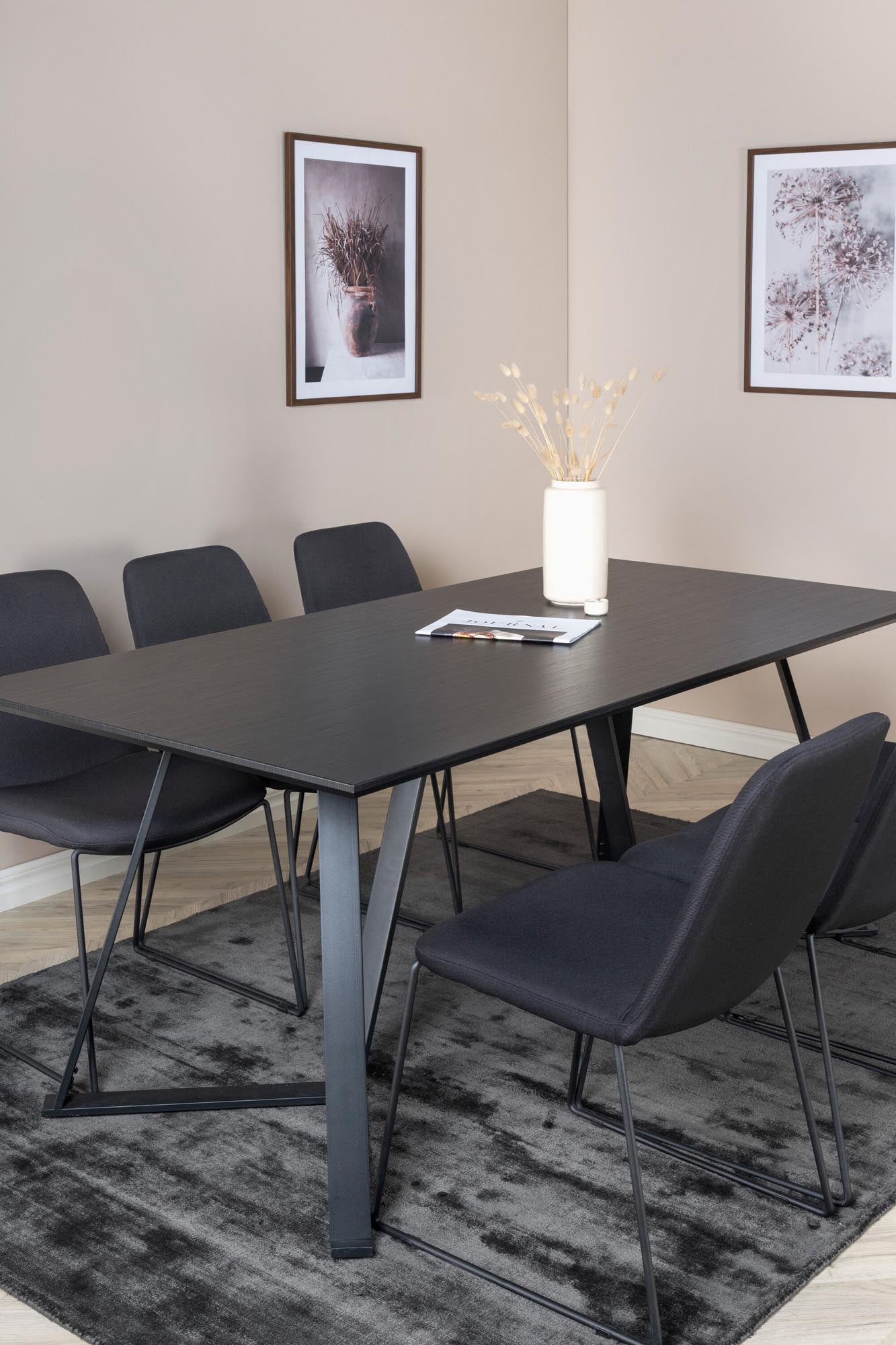 Elegantes, schwarzes Esszimmerset für 6 Personen, 180cm Tisch, komfortable, pflegeleichte Stühle, modernes Design.