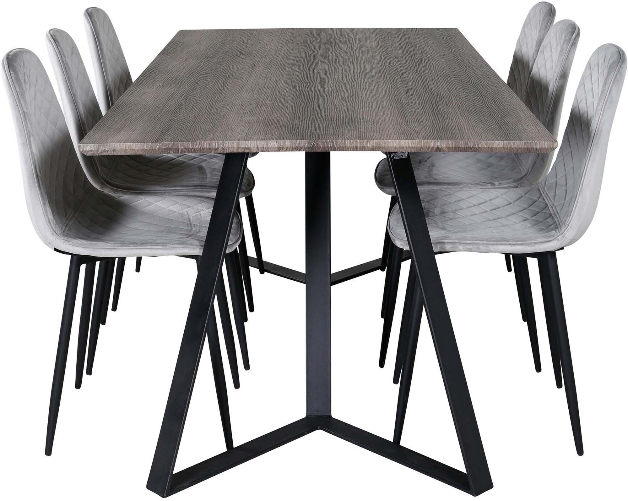 Entdecken Sie das elegante Marina Esszimmerset Polar von Venture Home: 180 cm Tisch und 6 luxuriöse Samtstühle für höchsten Komfort.