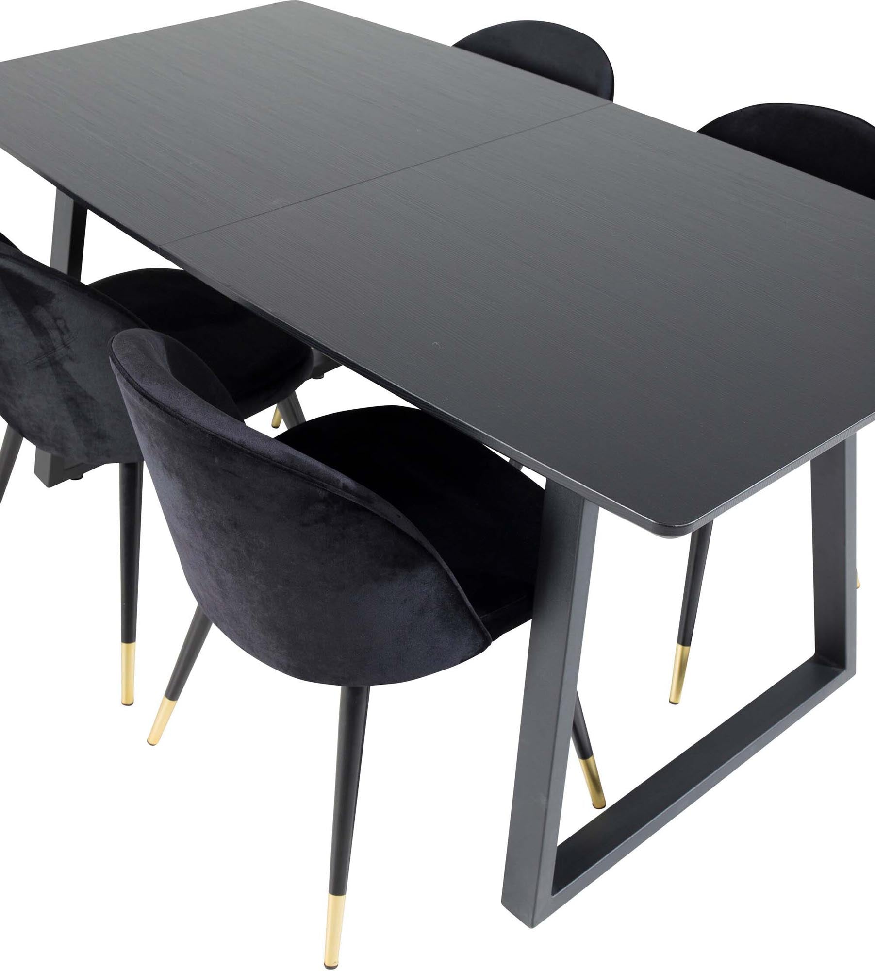 Entdecken Sie das Inca Esszimmerset von Venture Home: Ein eleganter, ausziehbarer Tisch (160 cm) und bequeme Samt-Stühle für unvergessliche Essmomente.