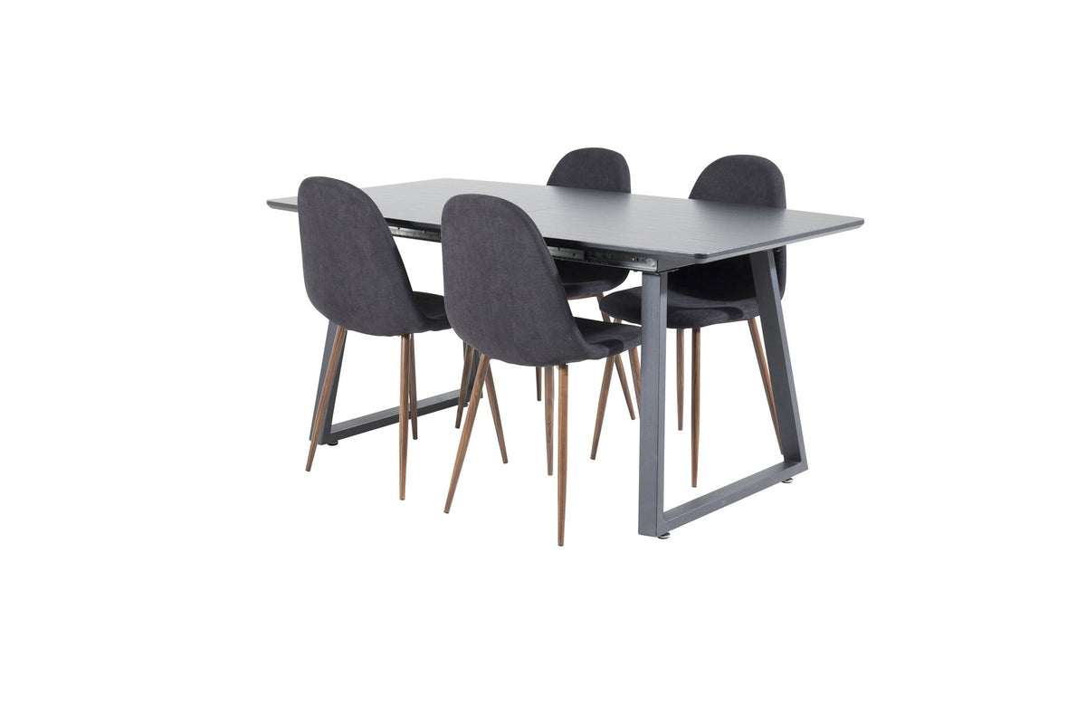 Schwarzes Inca Esszimmerset von Venture Home: ausziehbarer Tisch aus MDF, Sperrholz und Stahl mit sechs passenden Stühlen der Serie Polar