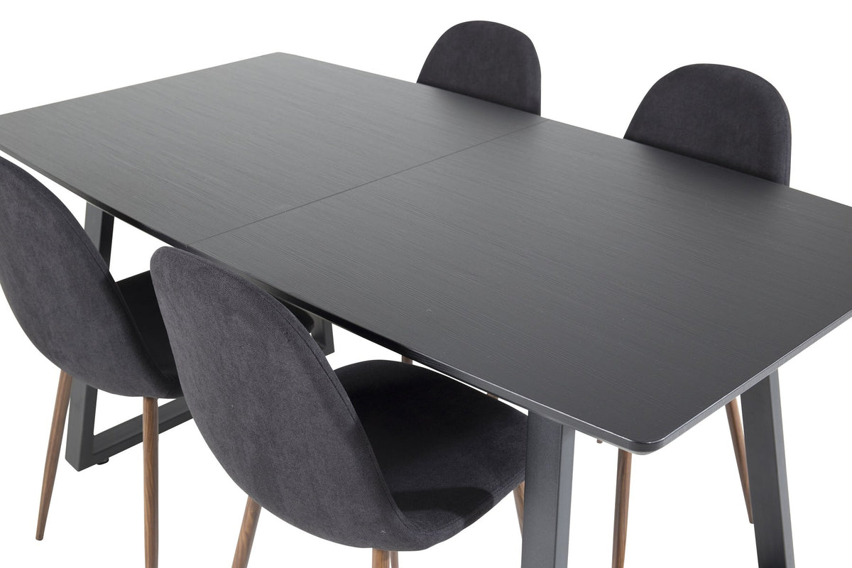 Schwarzes Inca Esszimmerset von Venture Home: ausziehbarer Tisch aus MDF, Sperrholz und Stahl mit sechs passenden Stühlen der Serie Polar