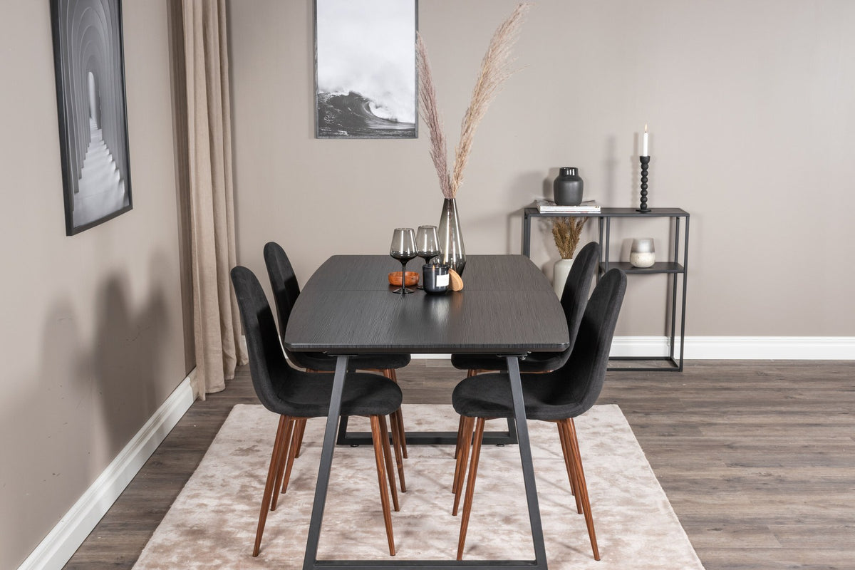 Schwarzes Inca Esszimmerset von Venture Home: ausziehbarer Tisch aus MDF, Sperrholz und Stahl mit sechs passenden Stühlen der Serie Polar