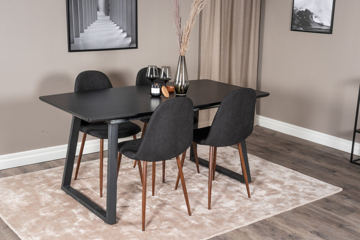 Schwarzes Inca Esszimmerset von Venture Home: ausziehbarer Tisch aus MDF, Sperrholz und Stahl mit sechs passenden Stühlen der Serie Polar