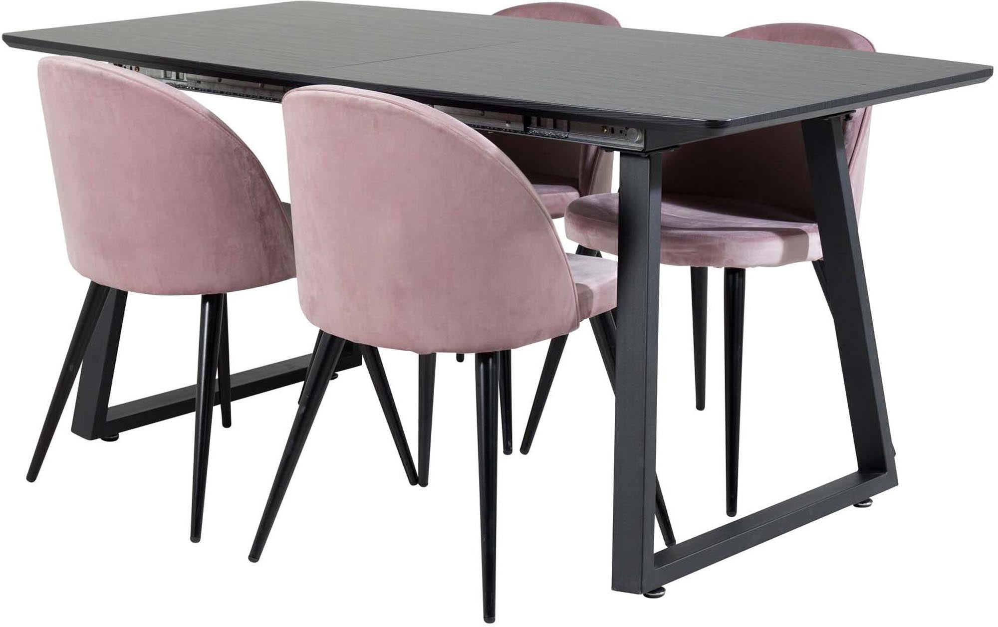 Entdecken Sie das Inca Esszimmerset von Venture Home: Ein stilvoller, erweiterbarer Esstisch (160 cm) und luxuriöse Samtstühle für unvergessliche Momente.