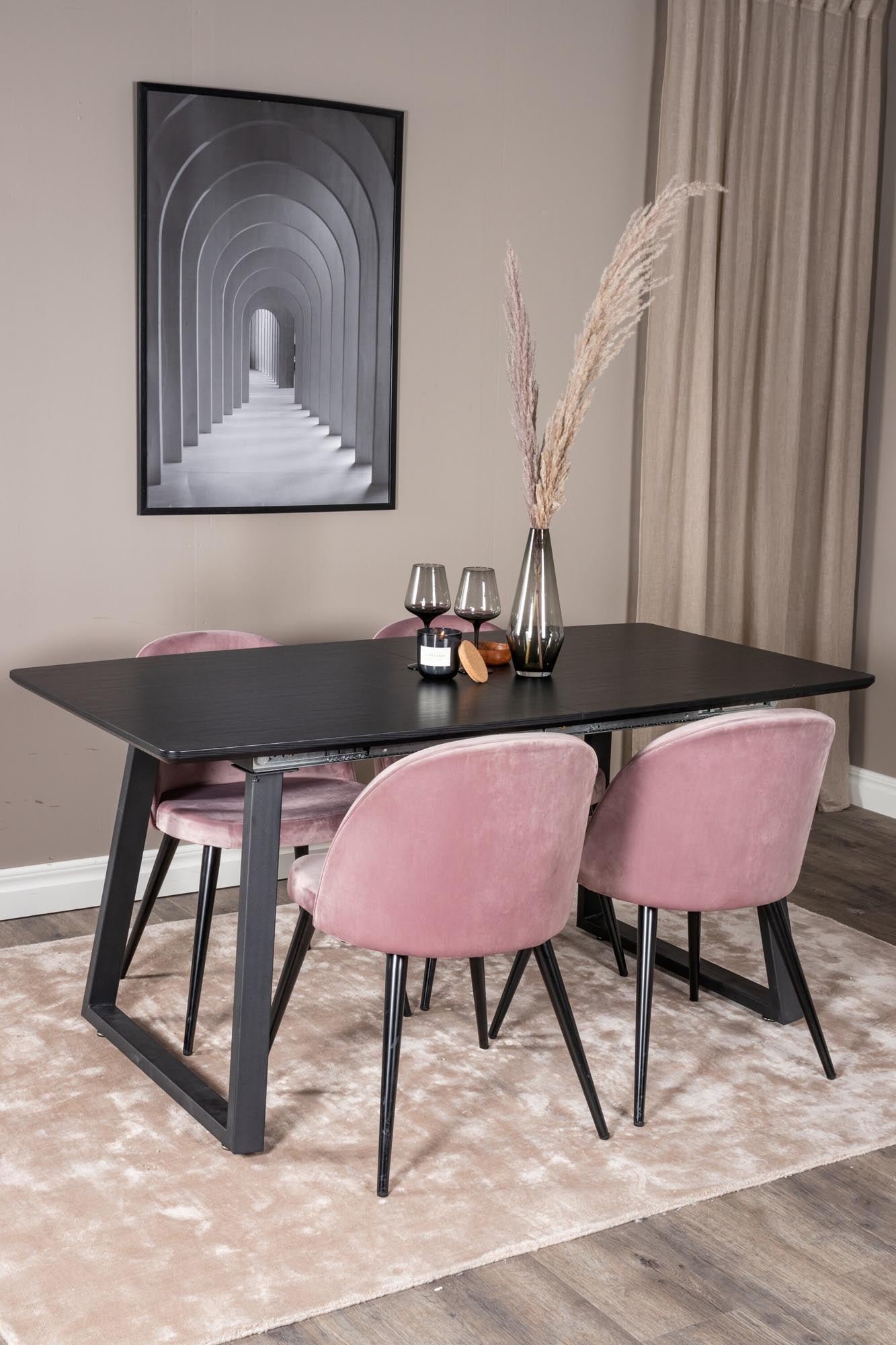 Inca Esszimmerset: Ausziehbarer Esstisch (160 cm) mit edlen Samtstühlen. Ideal für gesellige Abende und festliche Anlässe.