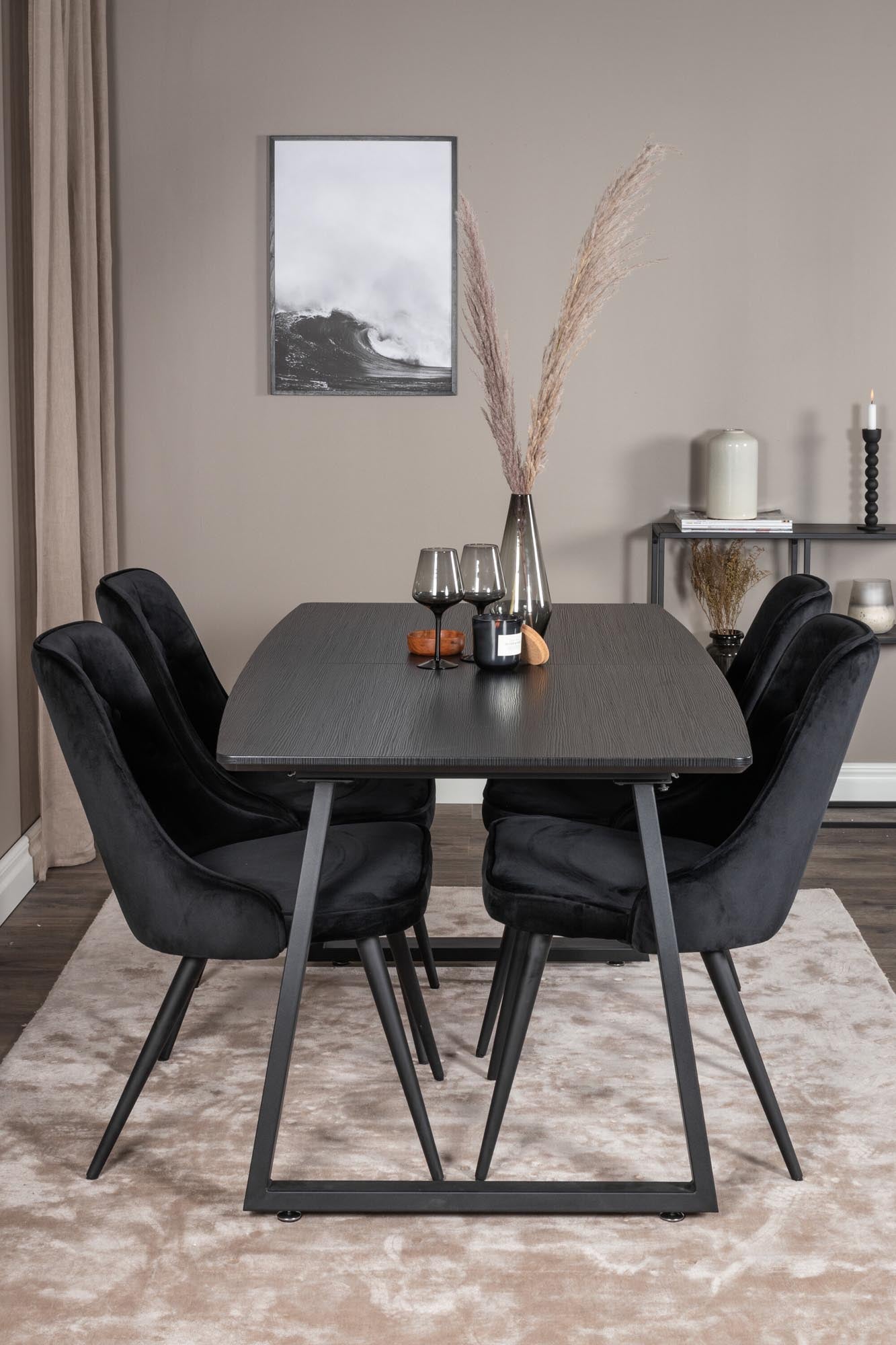 Elegantes Inca Esszimmerset: Ausziehbarer Tisch (160cm) & 4 Samtstühle. Stilvoll, komfortabel, ideal für 8 Personen.