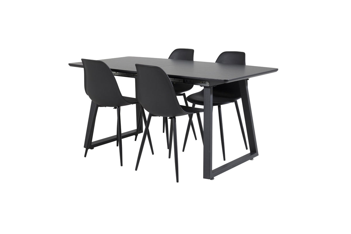Schwarzes Inca Esszimmerset von Venture Home: ausziehbarer Tisch aus MDF, Sperrholz und Stahl mit sechs passenden Stühlen der Serie Polar
