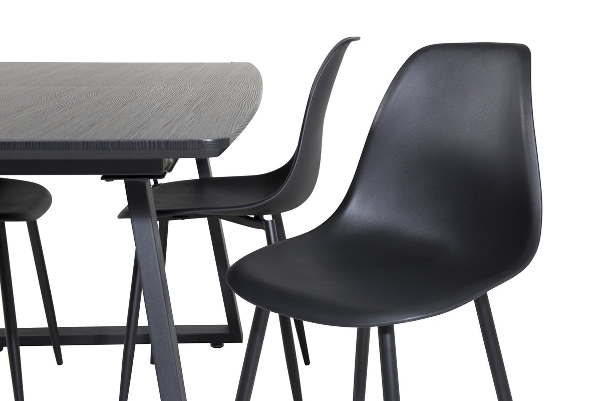 Schwarzes Inca Esszimmerset von Venture Home: ausziehbarer Tisch aus MDF, Sperrholz und Stahl mit sechs passenden Stühlen der Serie Polar