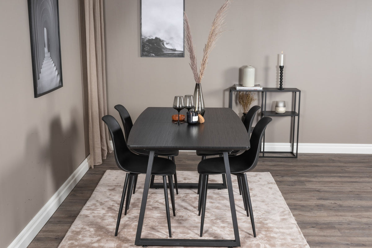 Schwarzes Inca Esszimmerset von Venture Home: ausziehbarer Tisch aus MDF, Sperrholz und Stahl mit sechs passenden Stühlen der Serie Polar