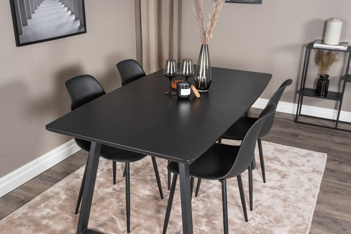 Schwarzes Inca Esszimmerset von Venture Home: ausziehbarer Tisch aus MDF, Sperrholz und Stahl mit sechs passenden Stühlen der Serie Polar