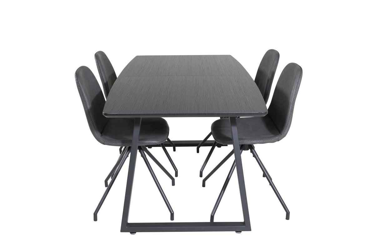Schwarzes Inca Esszimmerset von Venture Home: ausziehbarer Tisch aus MDF, Sperrholz und Stahl mit sechs passenden Stühlen der Serie Polar