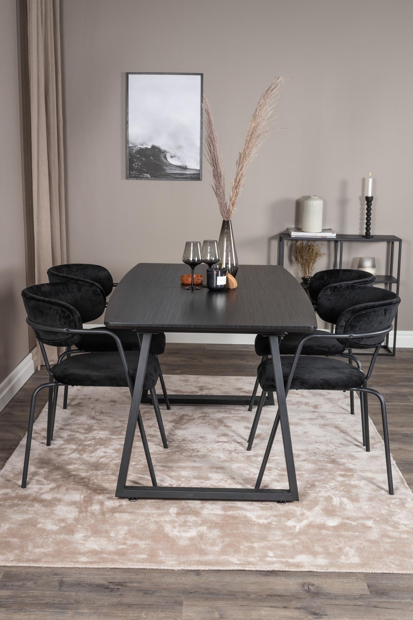 Elegantes Inca Esszimmerset: Ausziehbarer Tisch & 4 Samtstühle, modern & komfortabel für unvergessliche Momente.